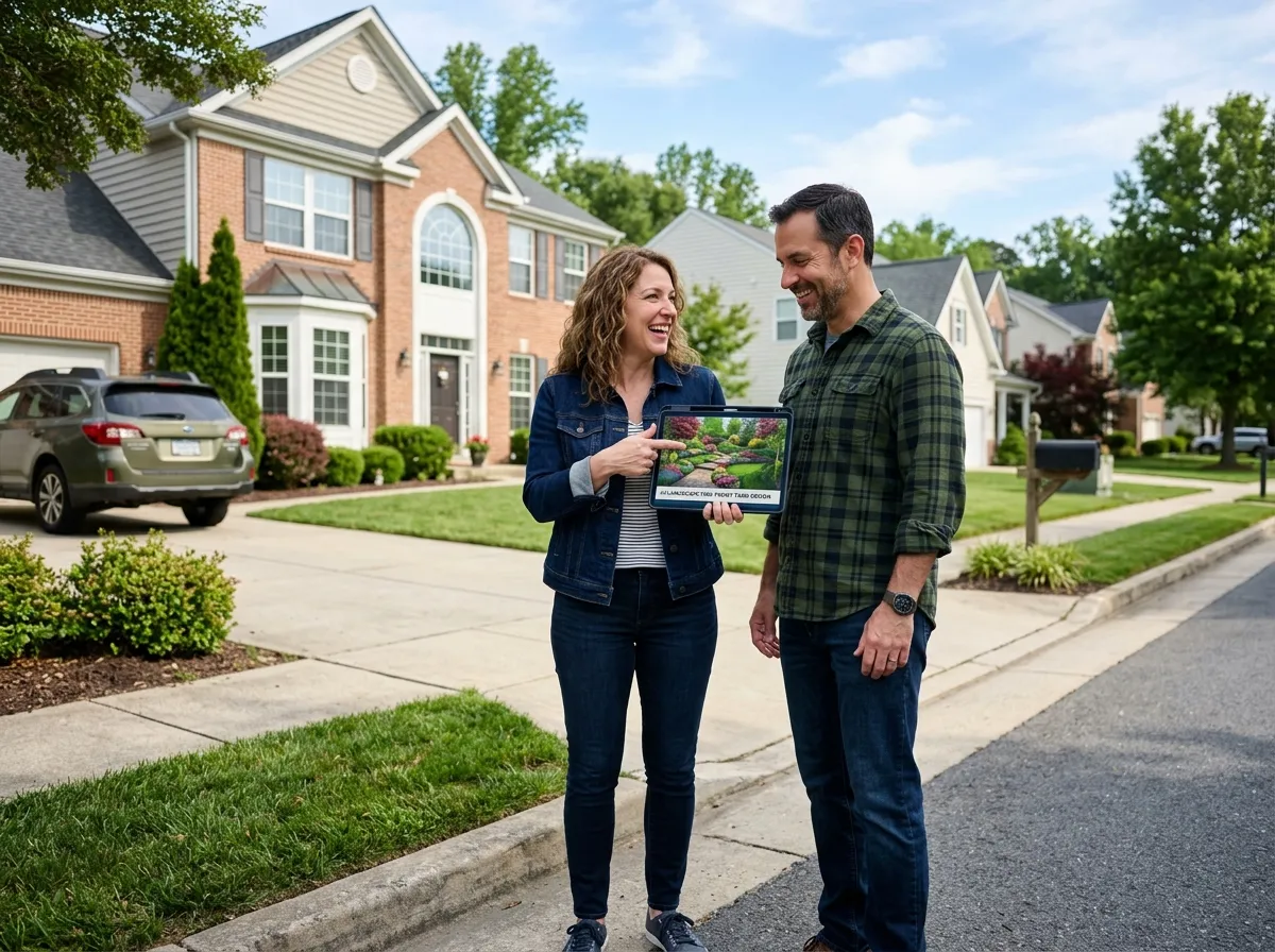 Homeowner standing in front yard reviewing AI front yard design options on a tablet