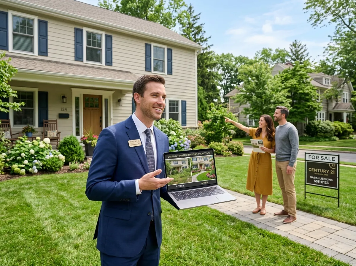 Real estate agent presenting AI front yard design renders to clients at a property showing