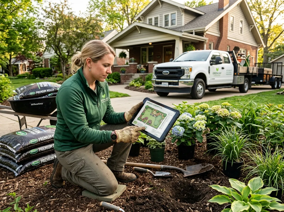 Landscaper showing AI front yard design proposal to a homeowner on a laptop at a job site
