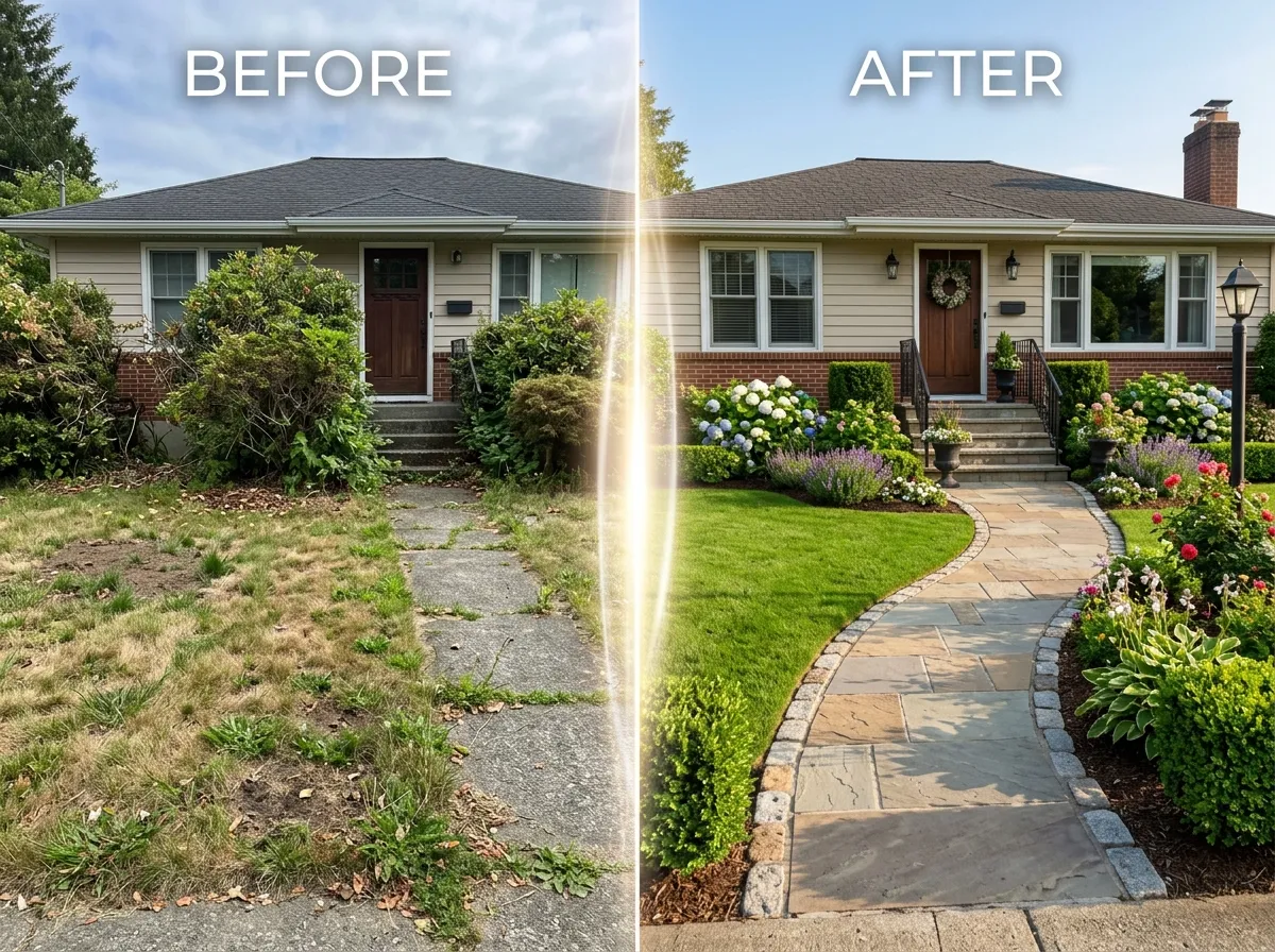 Before and after AI front yard design transformation showing dramatic curb appeal improvement