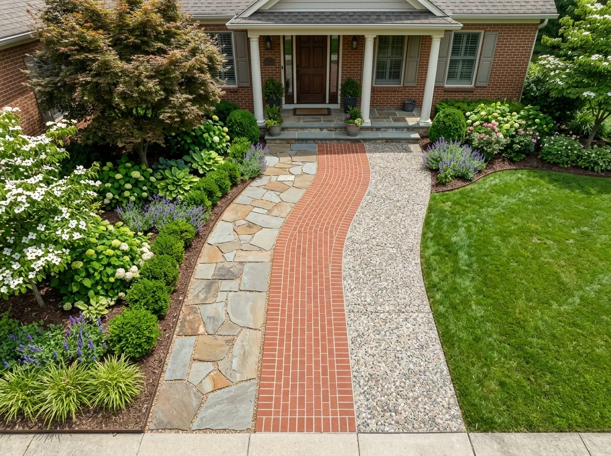 AI front yard design showing walkway and hardscape material options