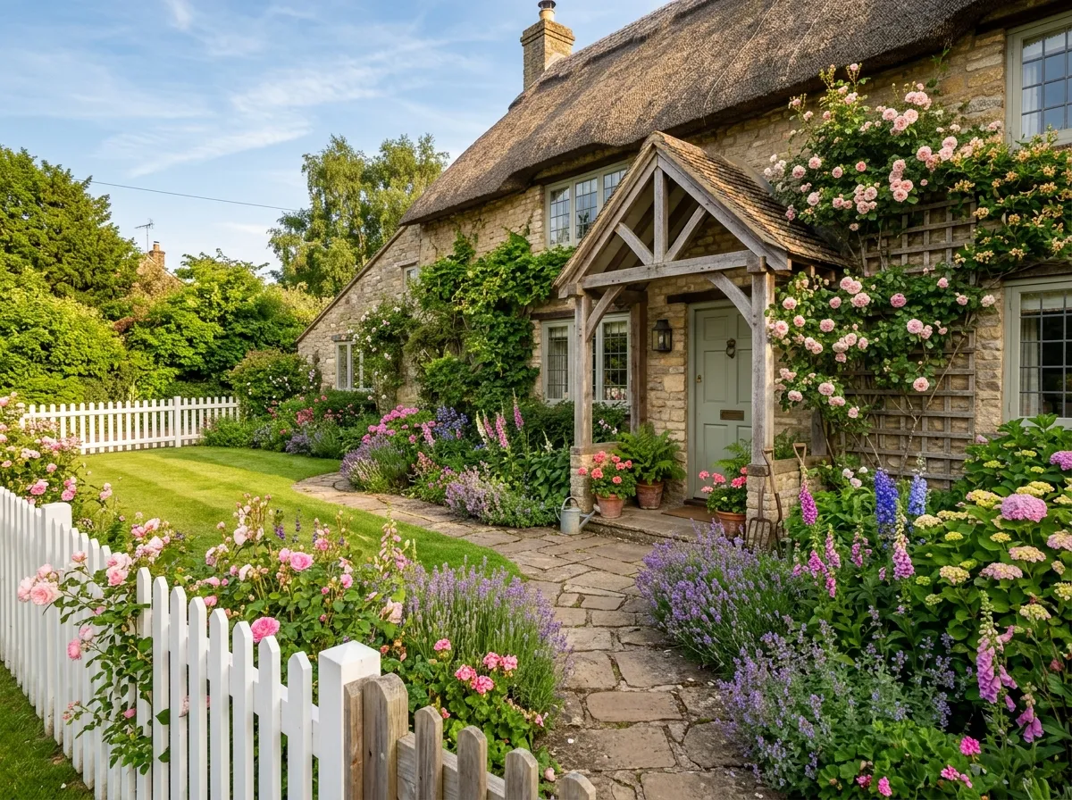 AI front yard design with cottage-style stone path and flowering perennial borders