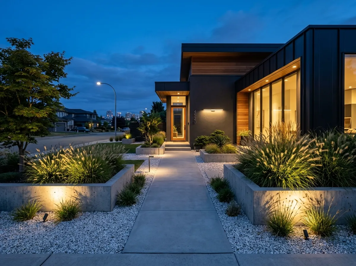 Modern minimalist AI front yard design with geometric planting beds and architectural lighting