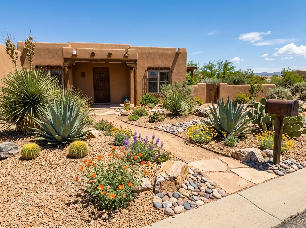 AI front yard design with drought-tolerant xeriscape landscaping