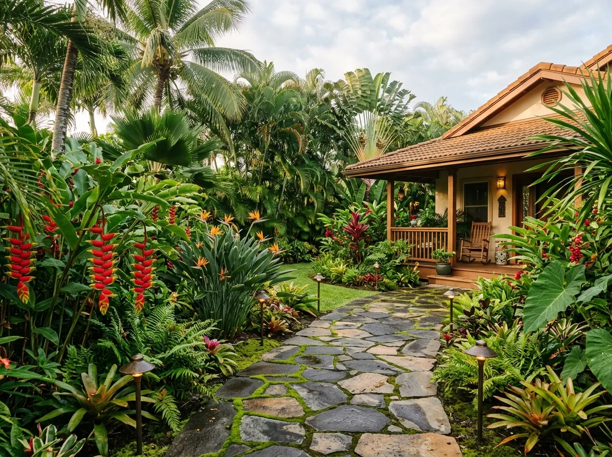 Tropical AI front yard design with layered palms and colorful foliage