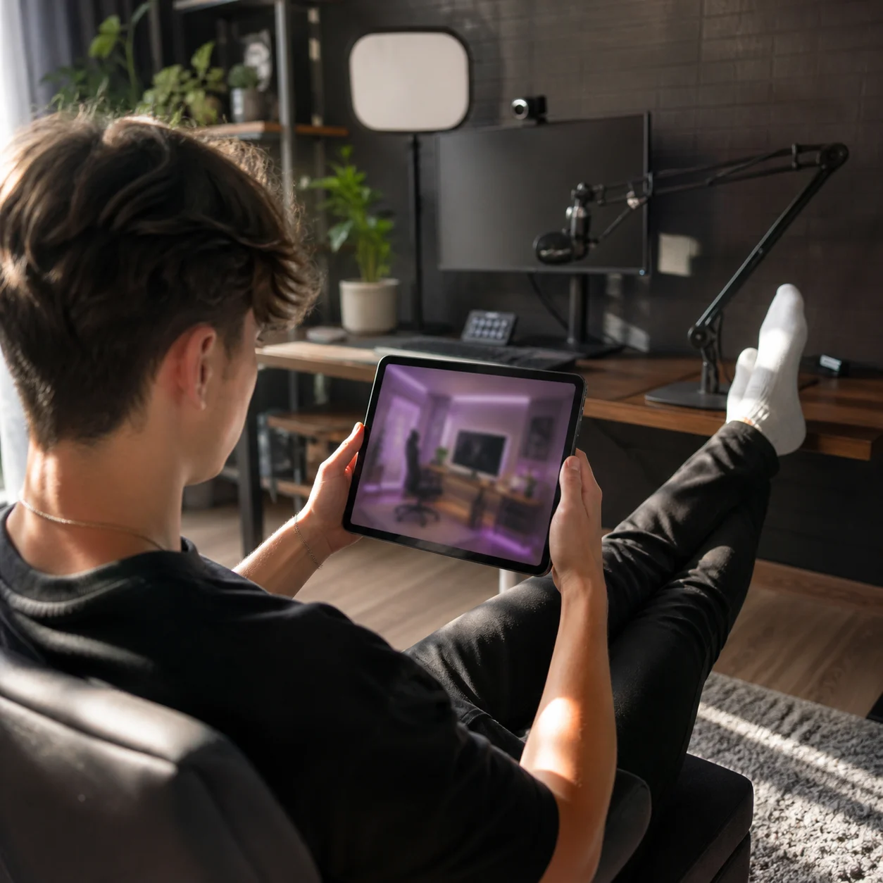 Streamer reviewing a generated gaming room concept on a laptop