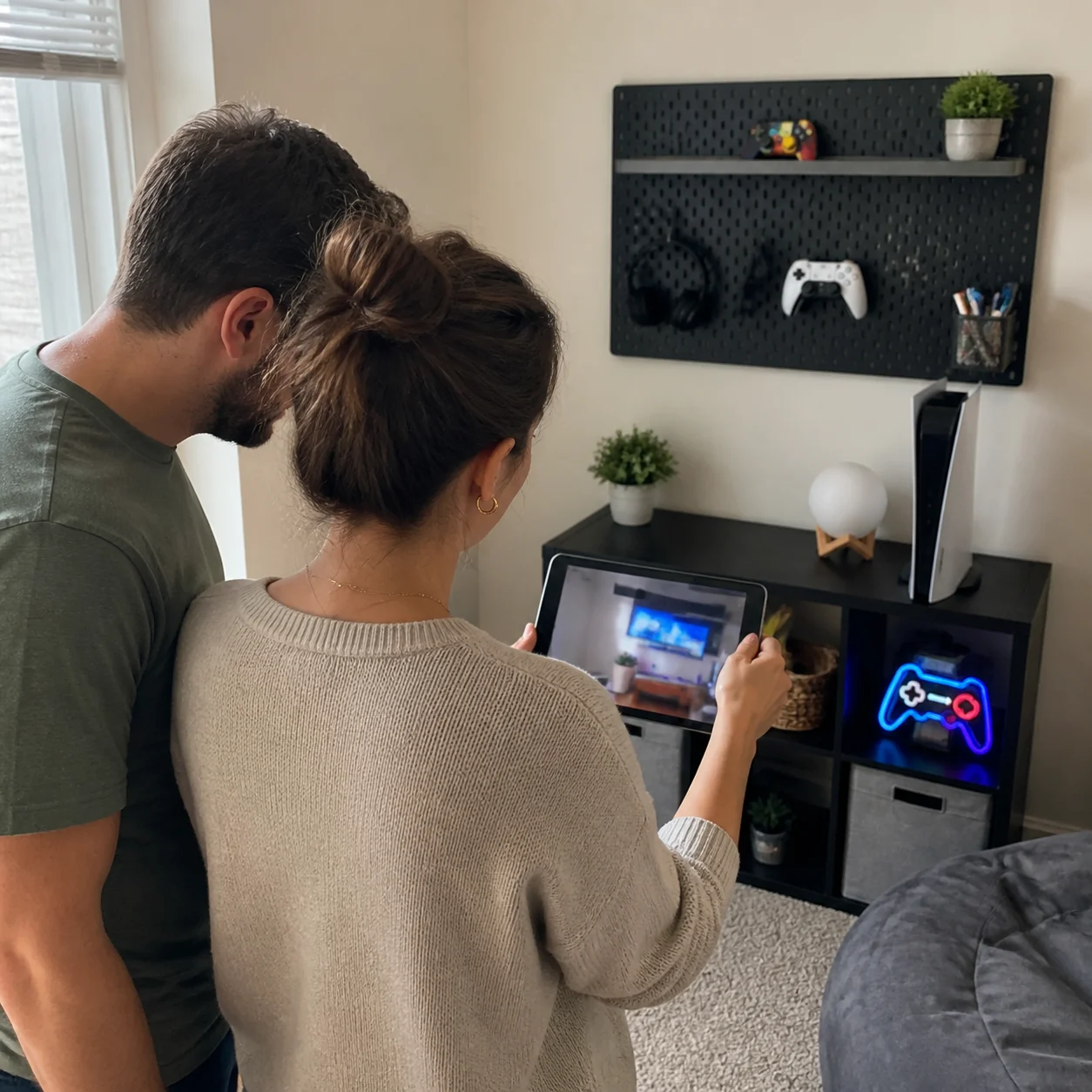 Parent browsing generated gaming room ideas for a kid's bedroom
