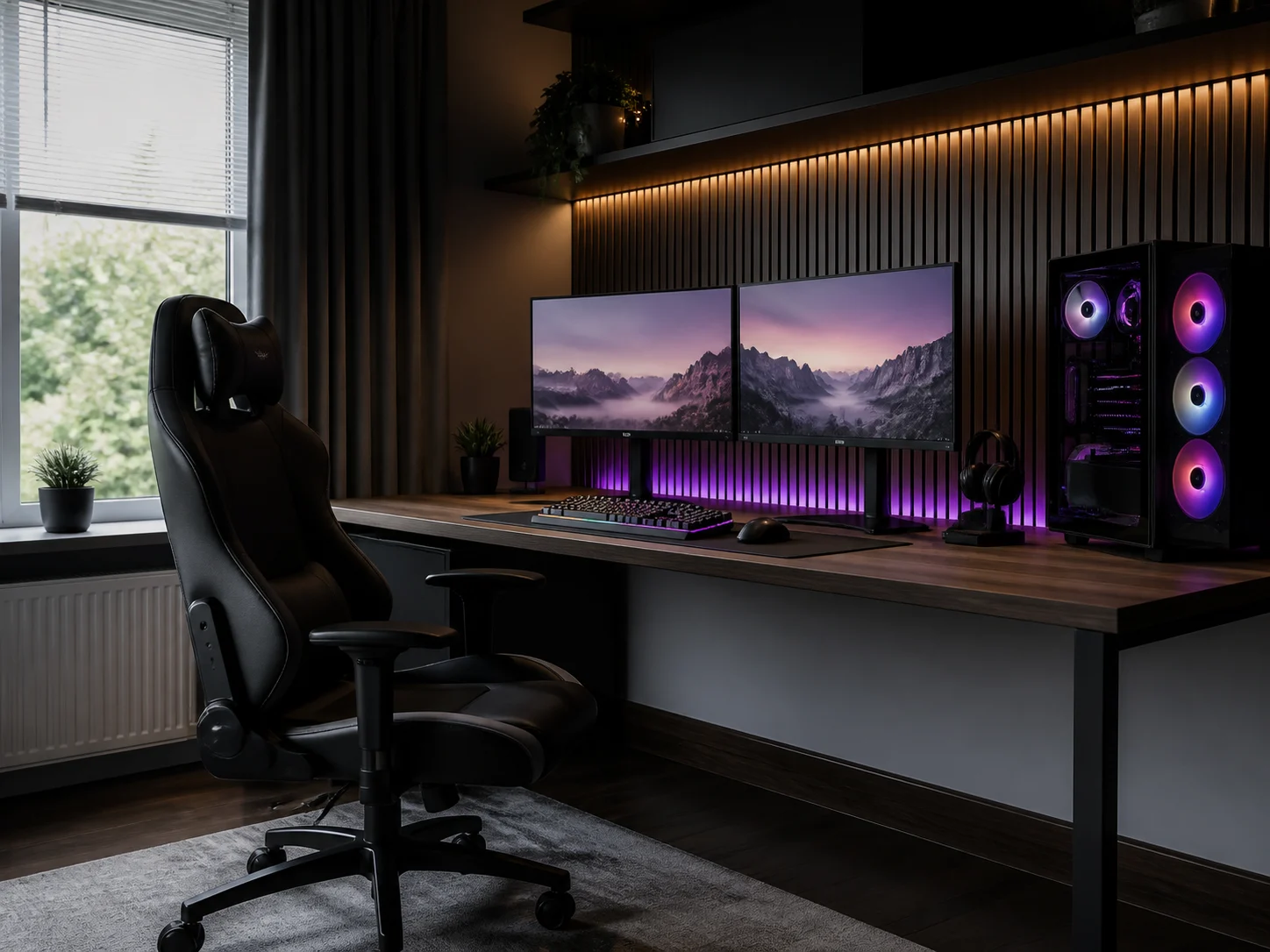 Modern gaming room with dual monitors and RGB ambient lighting