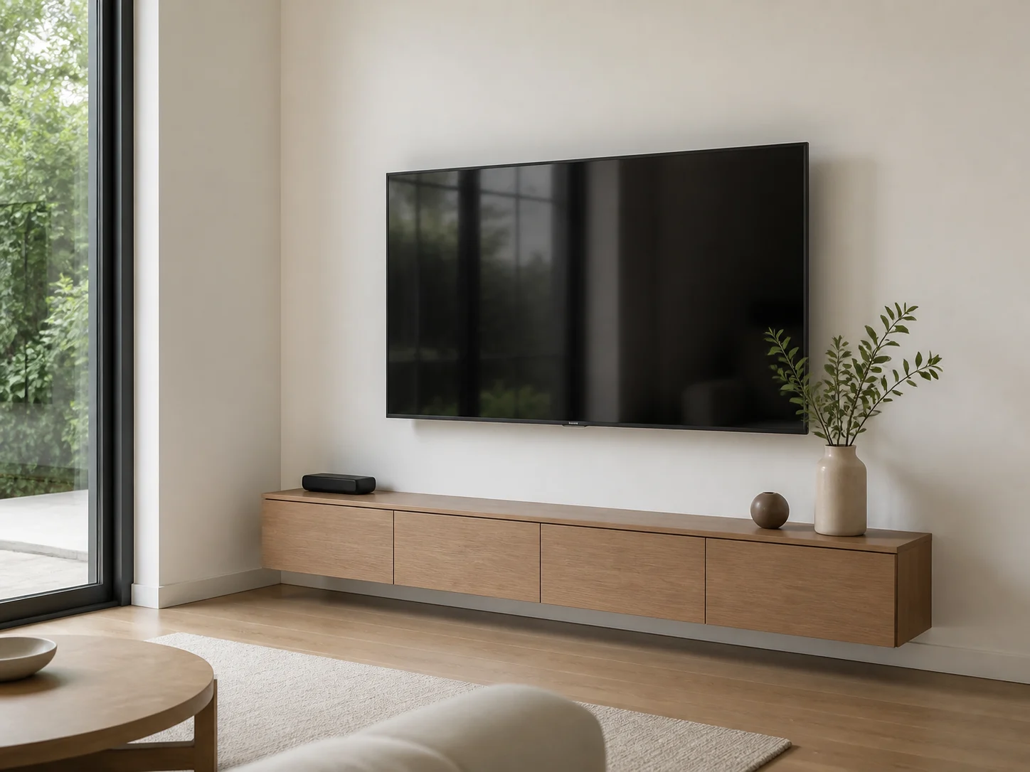 Minimalist gaming room with wall-mounted TV and console setup
