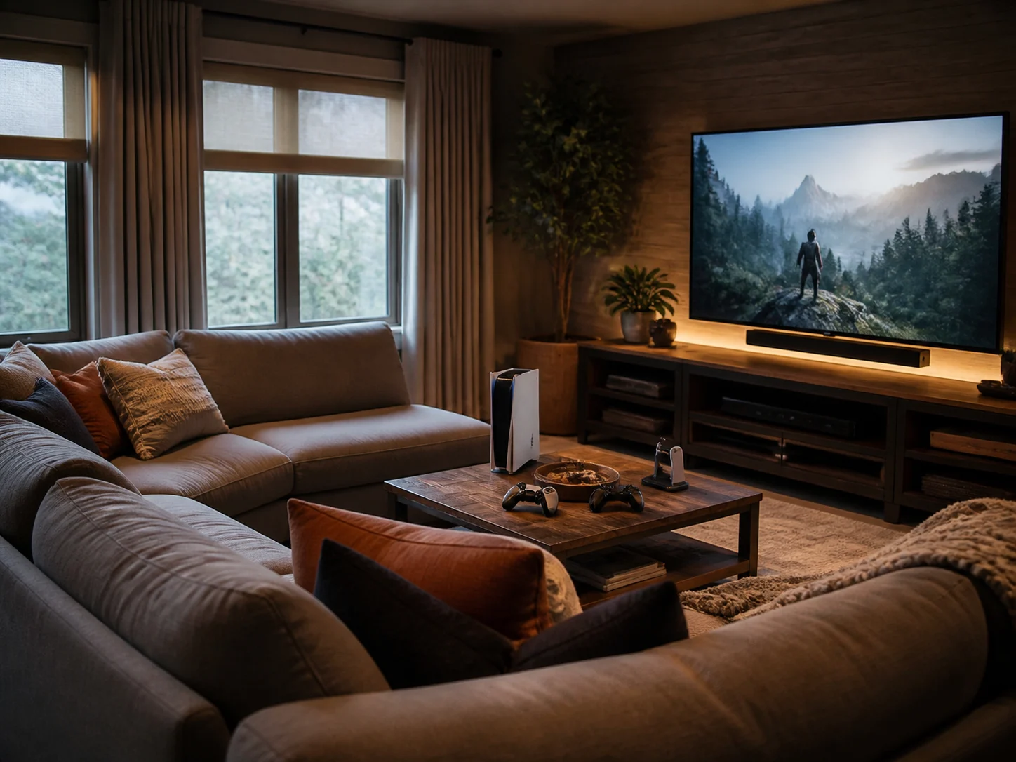 Cozy den style gaming room with couch setup for multiplayer