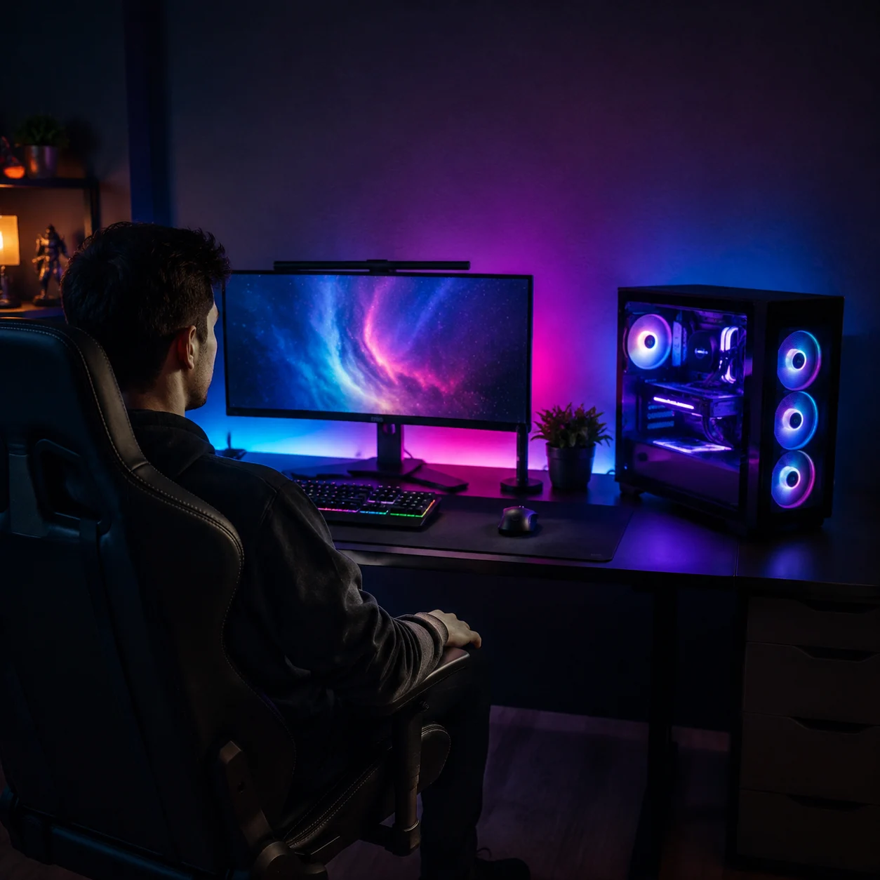 어두운 방에서 새롭게 조명이 켜진 RGB 배틀스테이션을 감상하는 게이머