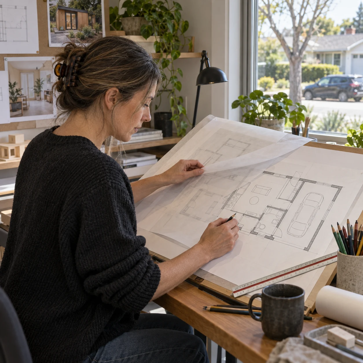 Progettista al tavolo da disegno che studia il layout per la conversione di un garage in dependance