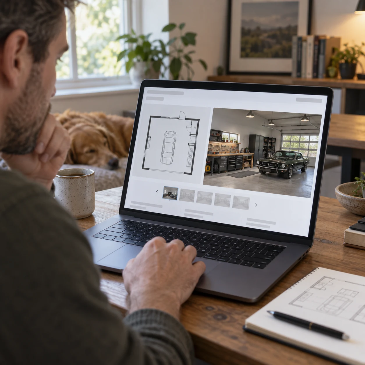 Scheda di un annuncio immobiliare con planimetria del garage e rendering di uno spazio con officina