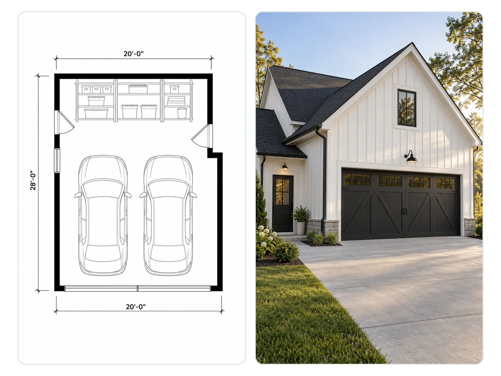 Planimetria del garage salvata accanto al rendering degli esterni di casa e garage