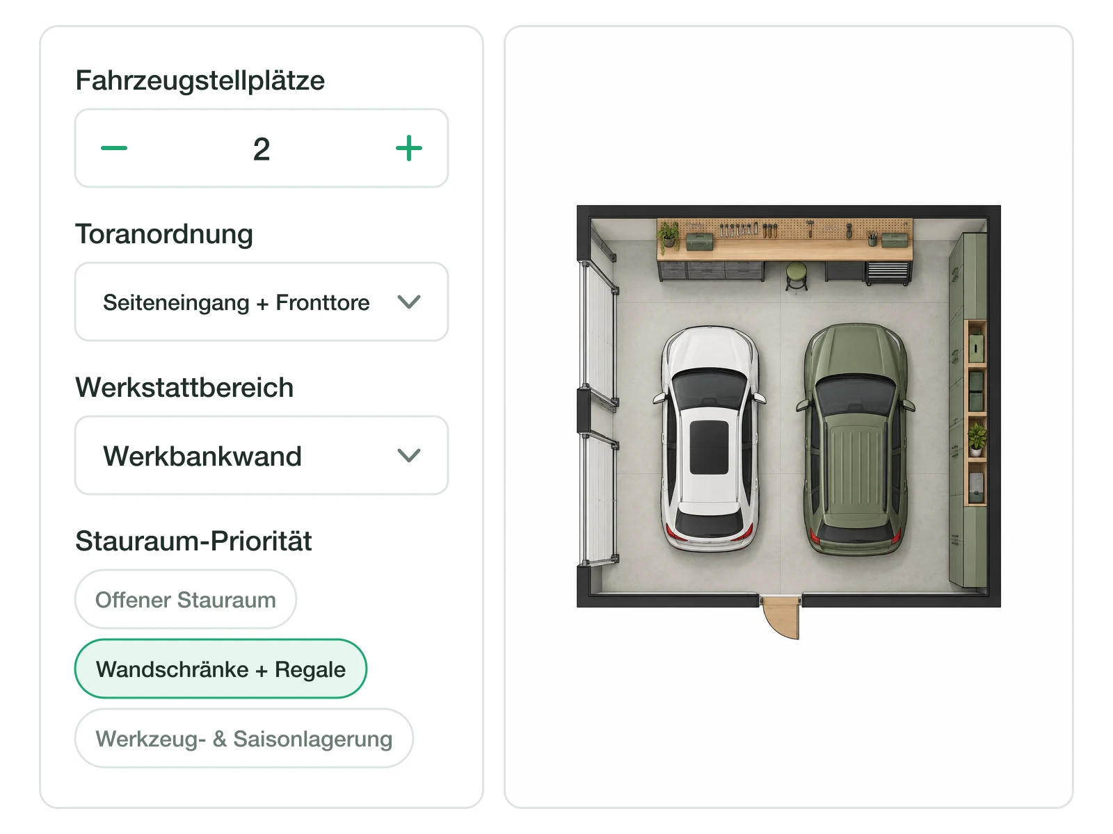 Einstellungsbereich für Garagen mit Reglern für Fahrzeugstellplätze, Toranordnung und Stauraum-Priorität