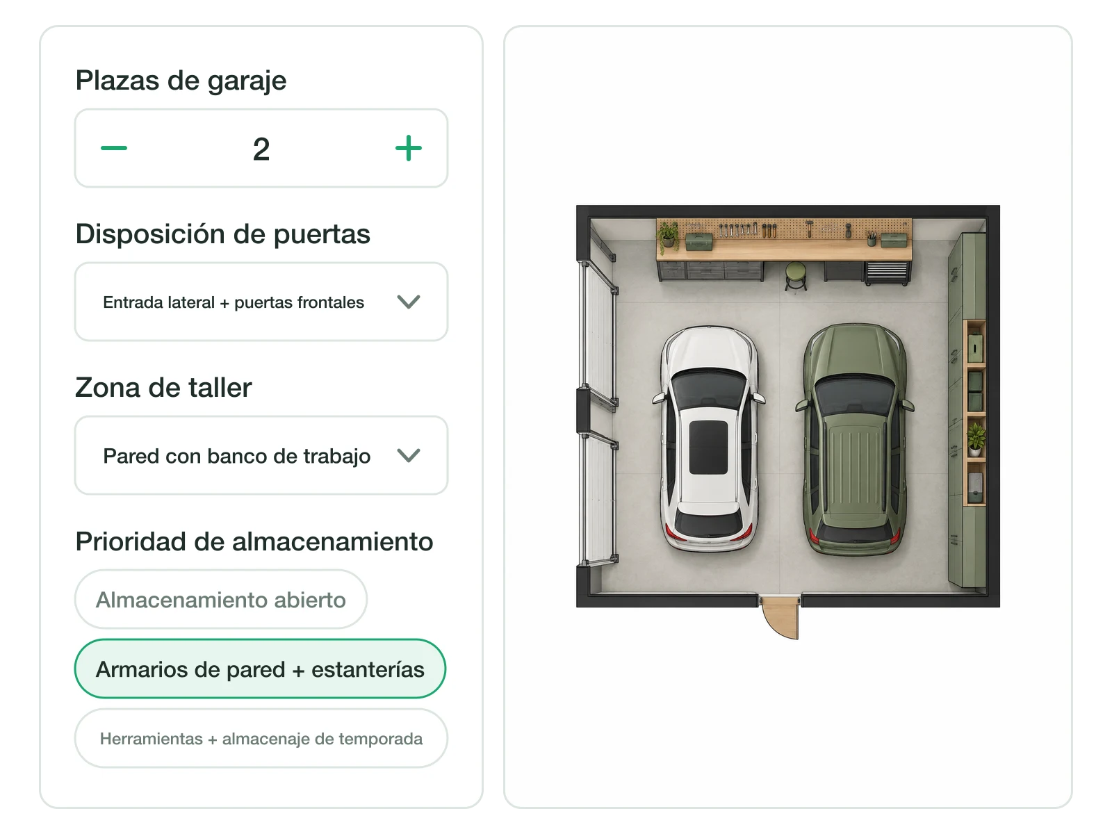 Panel de ajustes de garaje con controles de plazas, distribución de puertas y almacenaje