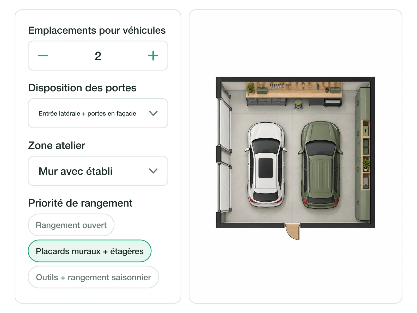Panneau de configuration avec réglages des places de stationnement, de la disposition des portes et des rangements