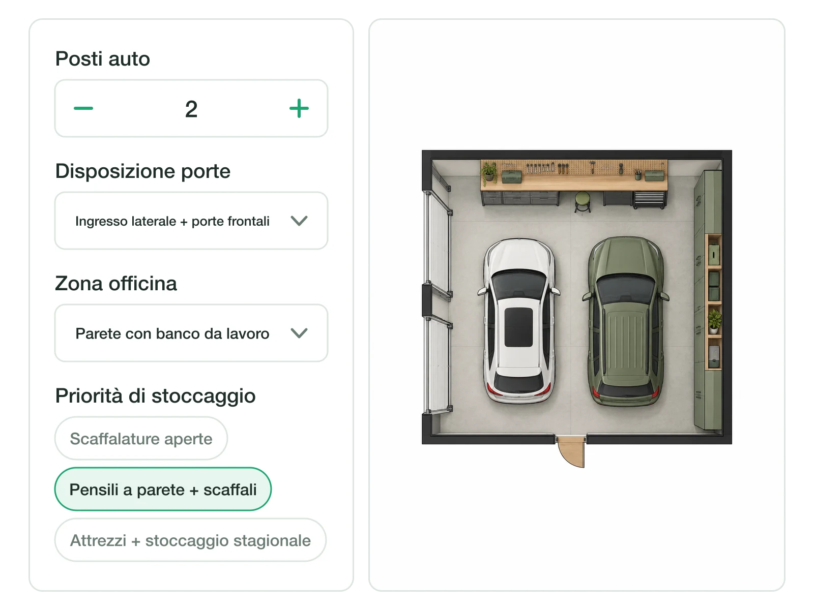 Pannello delle impostazioni del garage con controlli per posti auto, disposizione porte e stoccaggio