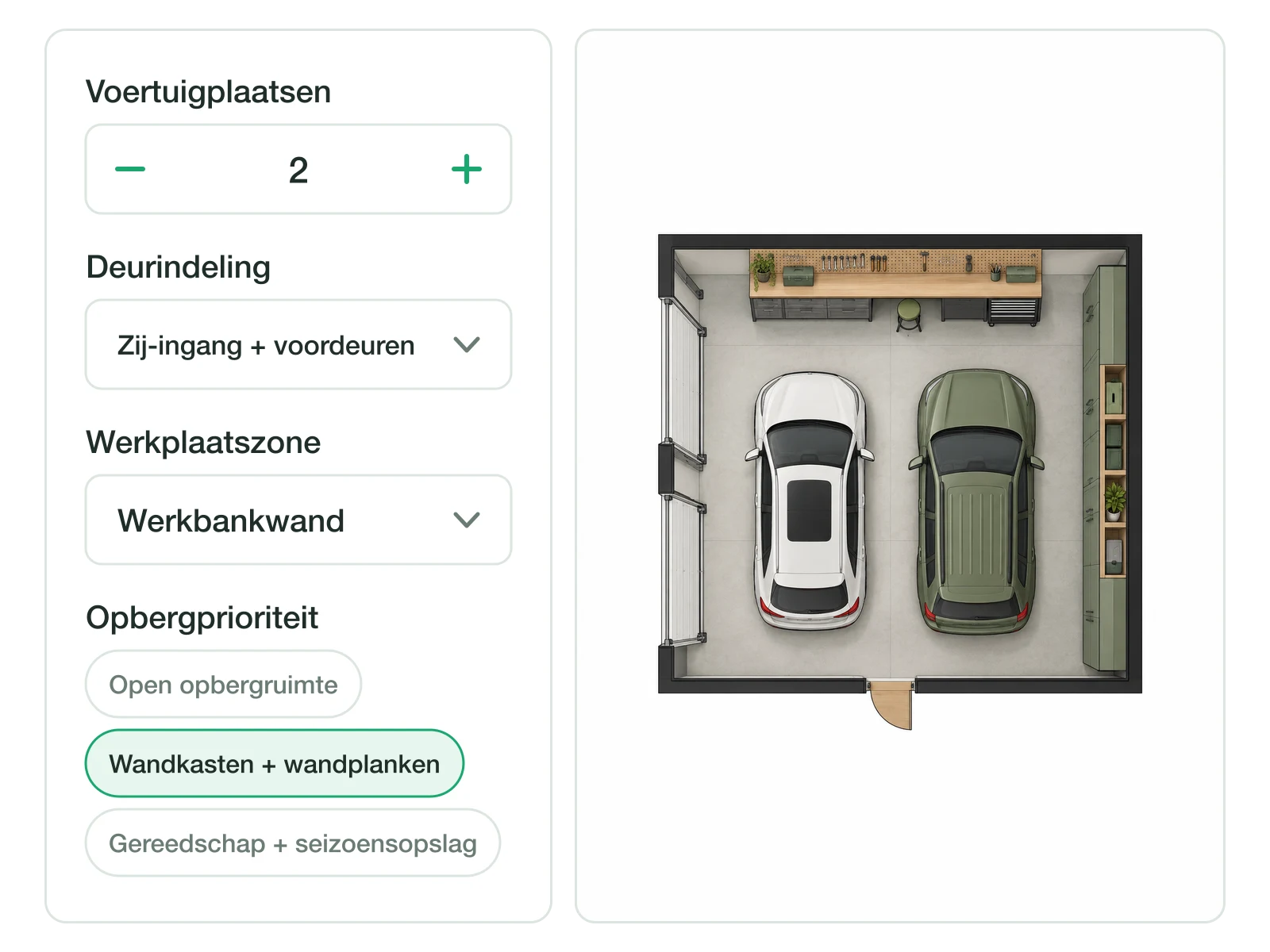 Instellingenpaneel voor garages met opties voor autoplaatsen, deurlay-out en opbergruimte