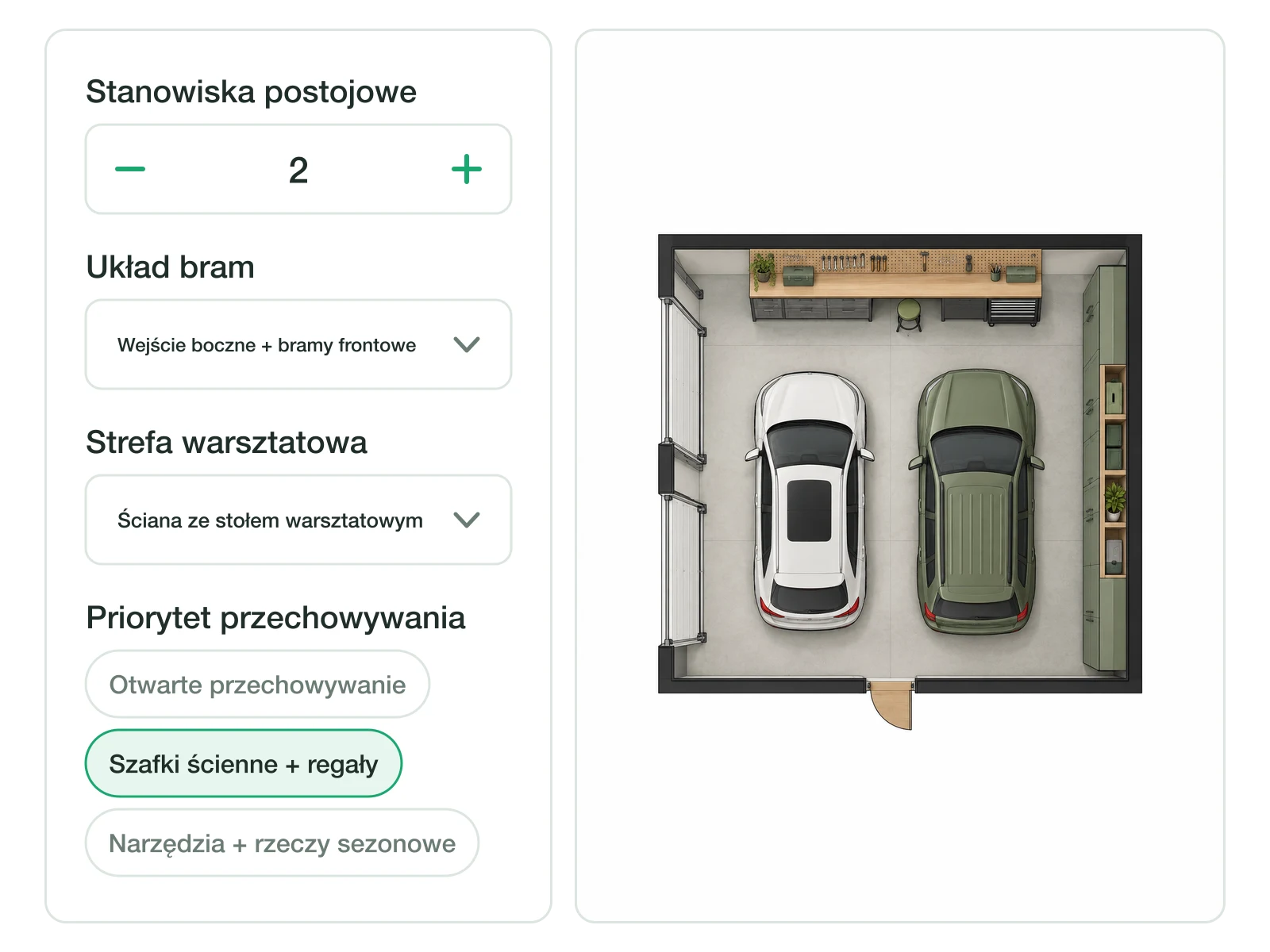Panel ustawień garażu ze stanowiskami postojowymi, układem bram i opcjami przechowywania