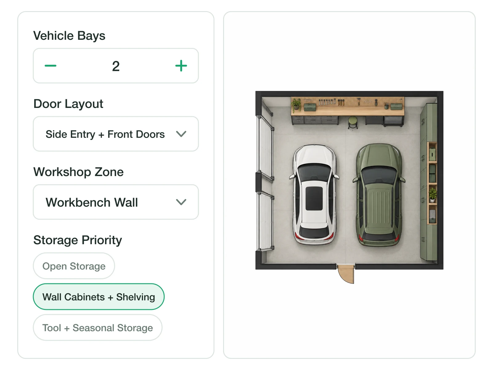 Garage settings panel with vehicle bays, door layout and storage priority controls