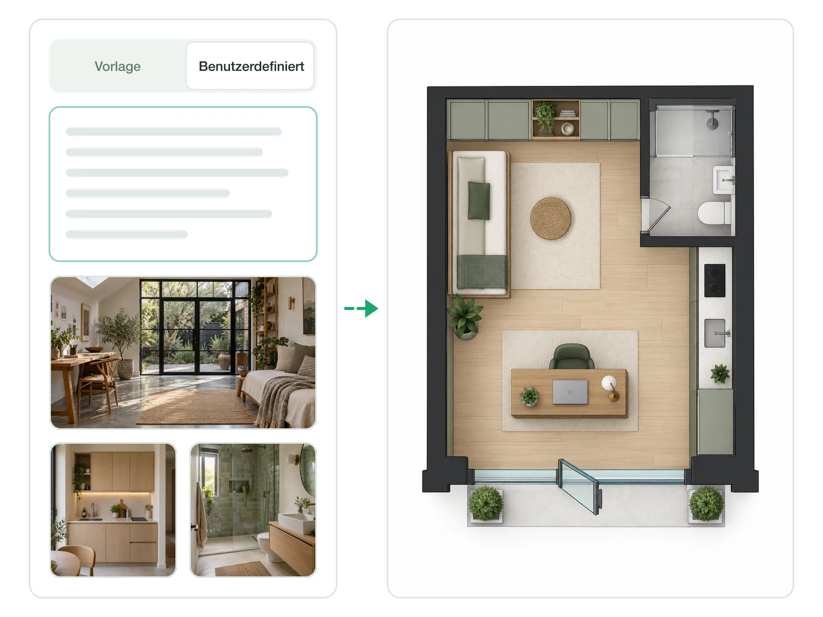 Layout für den Umbau einer Garage zum Studio, generiert aus individuellen Vorgaben und Referenzfotos
