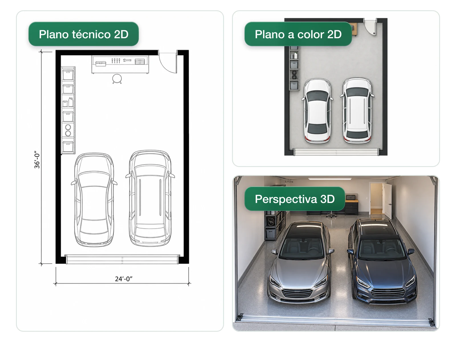 El mismo garaje mostrado como plano técnico 2D, plano a color 2D y perspectiva 3D
