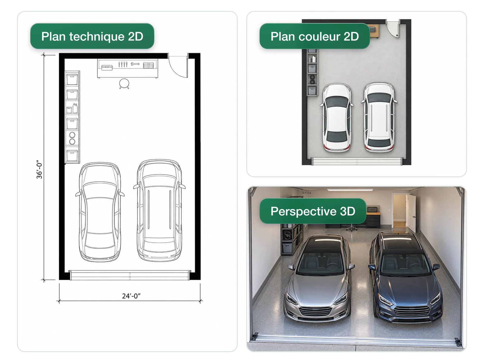 Le même garage visualisé en plan technique 2D, plan couleur 2D et perspective 3D