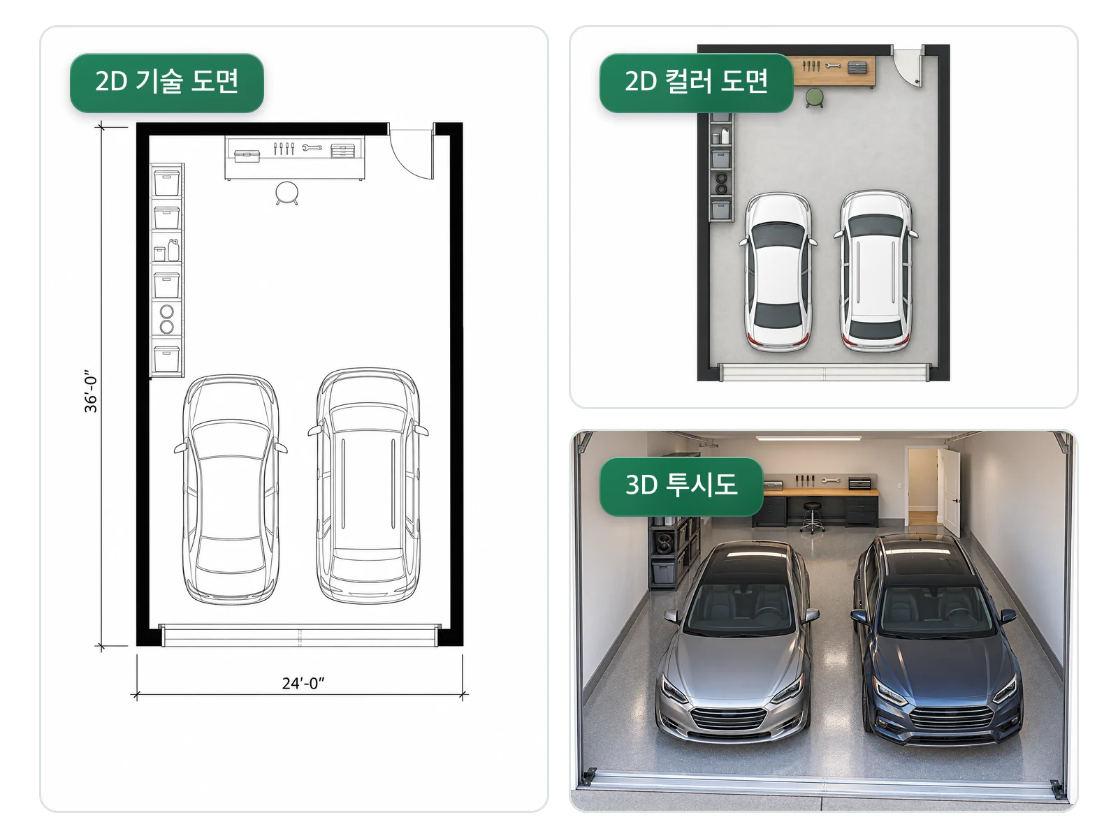 동일한 차고의 2D 기술 도면, 2D 컬러 도면, 3D 투시도 비교