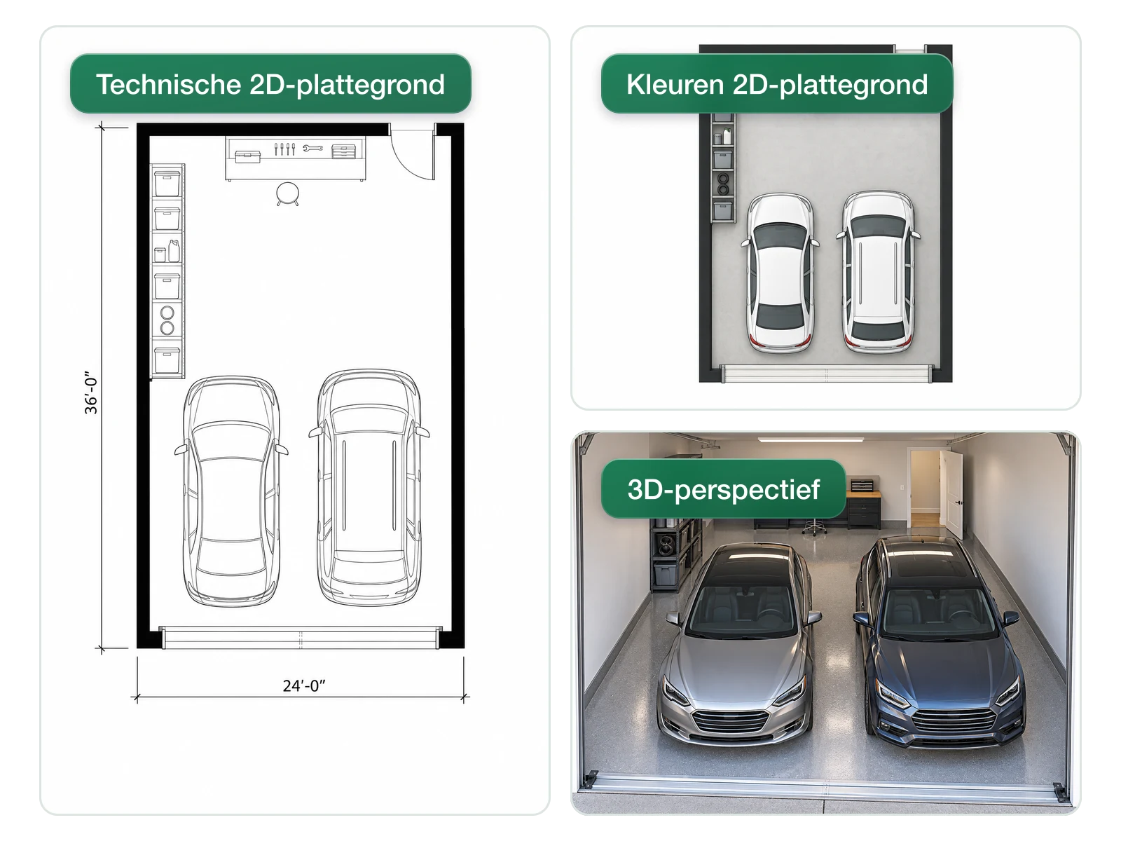 Dezelfde garage als technische 2D-plattegrond, 2D-kleurenplan en 3D-perspectief