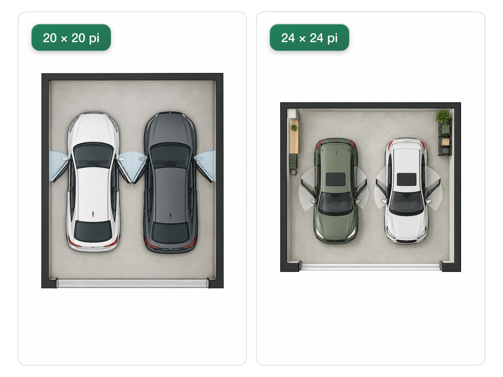 Comparaison de plans de garage double en 6 par 6 m et 7,3 par 7,3 m pour le dégagement des portes