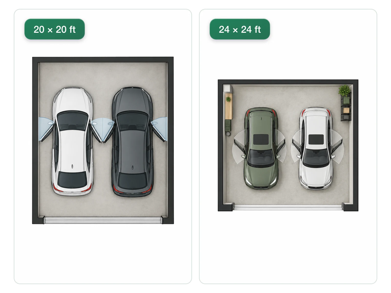 Two-car garage layouts at 20 by 20 and 24 by 24 feet compared for door clearance