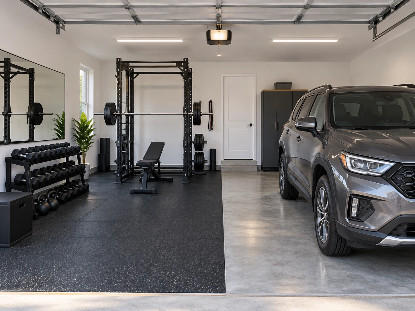 Planimetria di un garage palestra renderizzata con squat rack, panca e pavimento in gomma accanto a un posto auto
