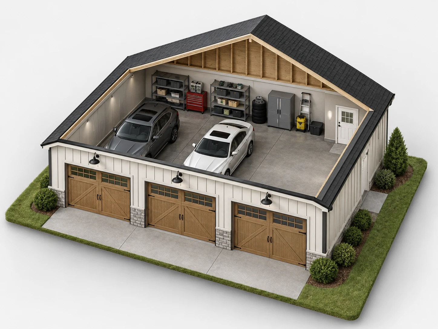 Planimetria di un garage indipendente a tre posti auto convertita in vista 3D assonometrica