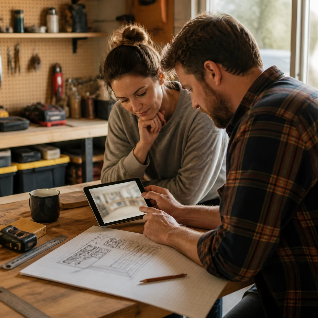 DIYer browsing generated workshop garage ideas on a laptop
