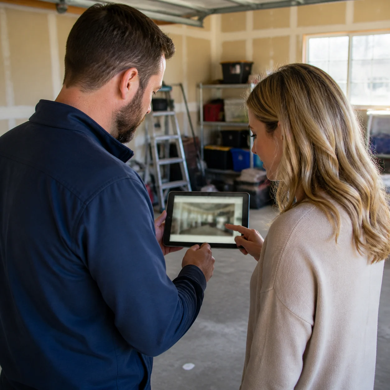 Real estate stager showing generated garage concepts to a client