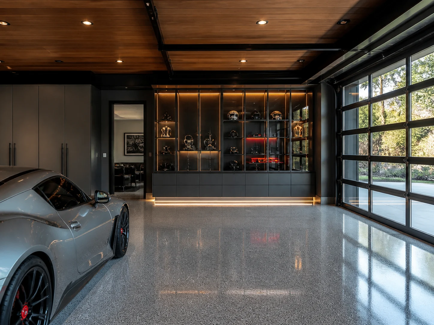 Modern car showcase garage with epoxy floor and accent lighting