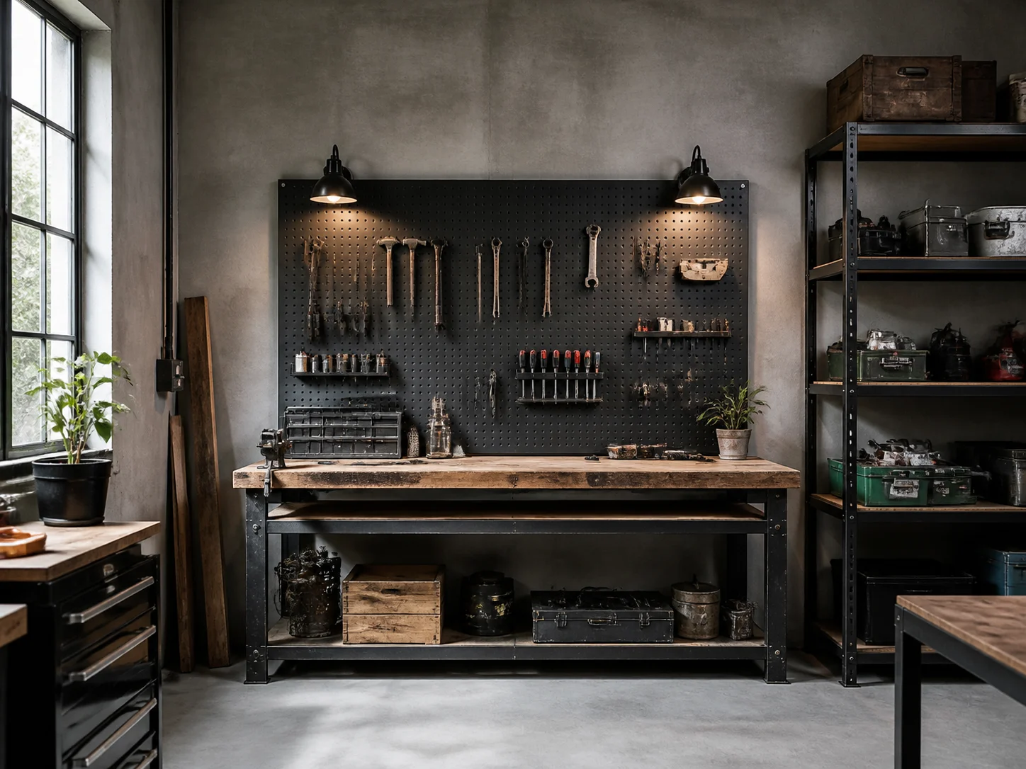 Industrial workshop garage with pegboard wall and workbench