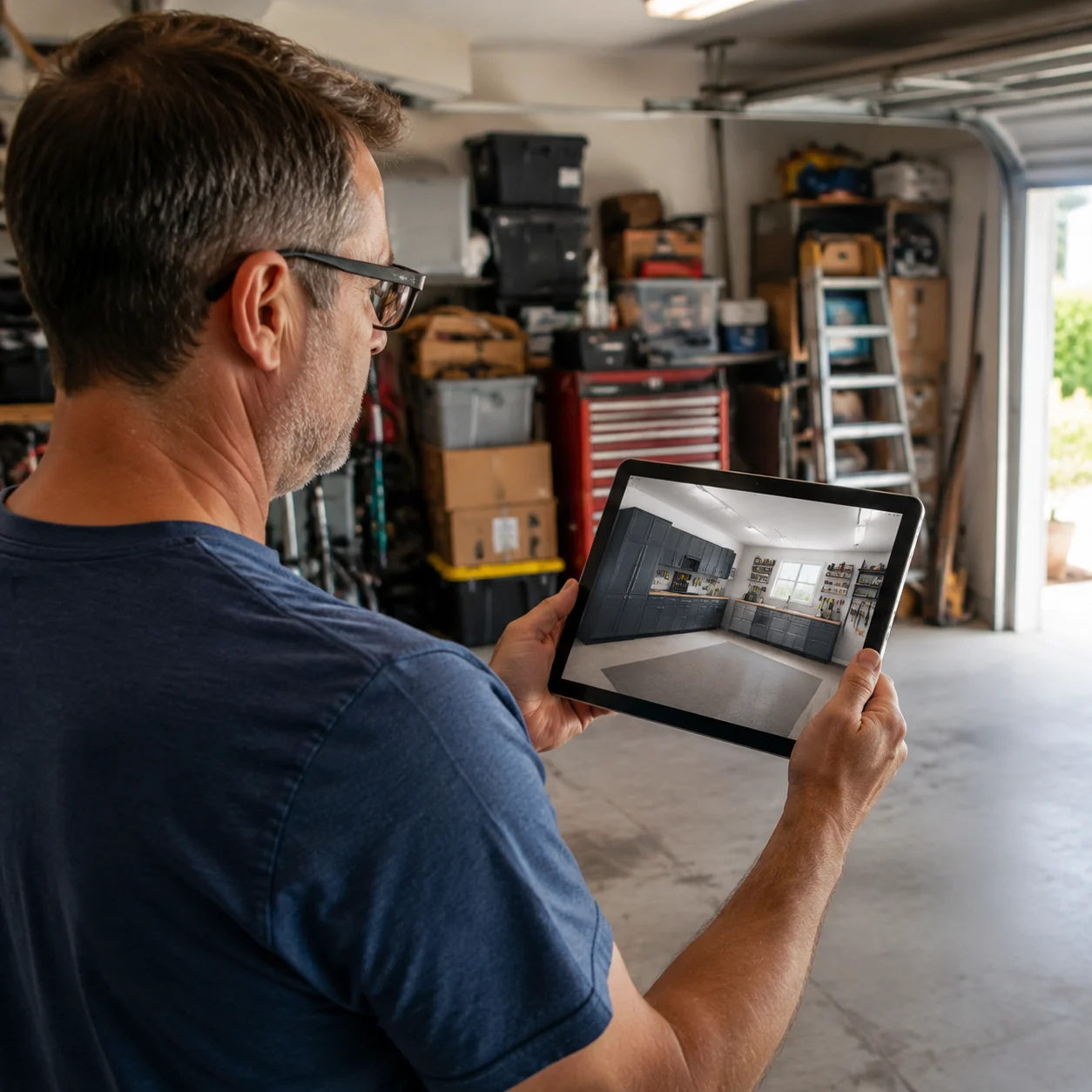 Homeowner planning a garage makeover on a tablet in a cluttered garage