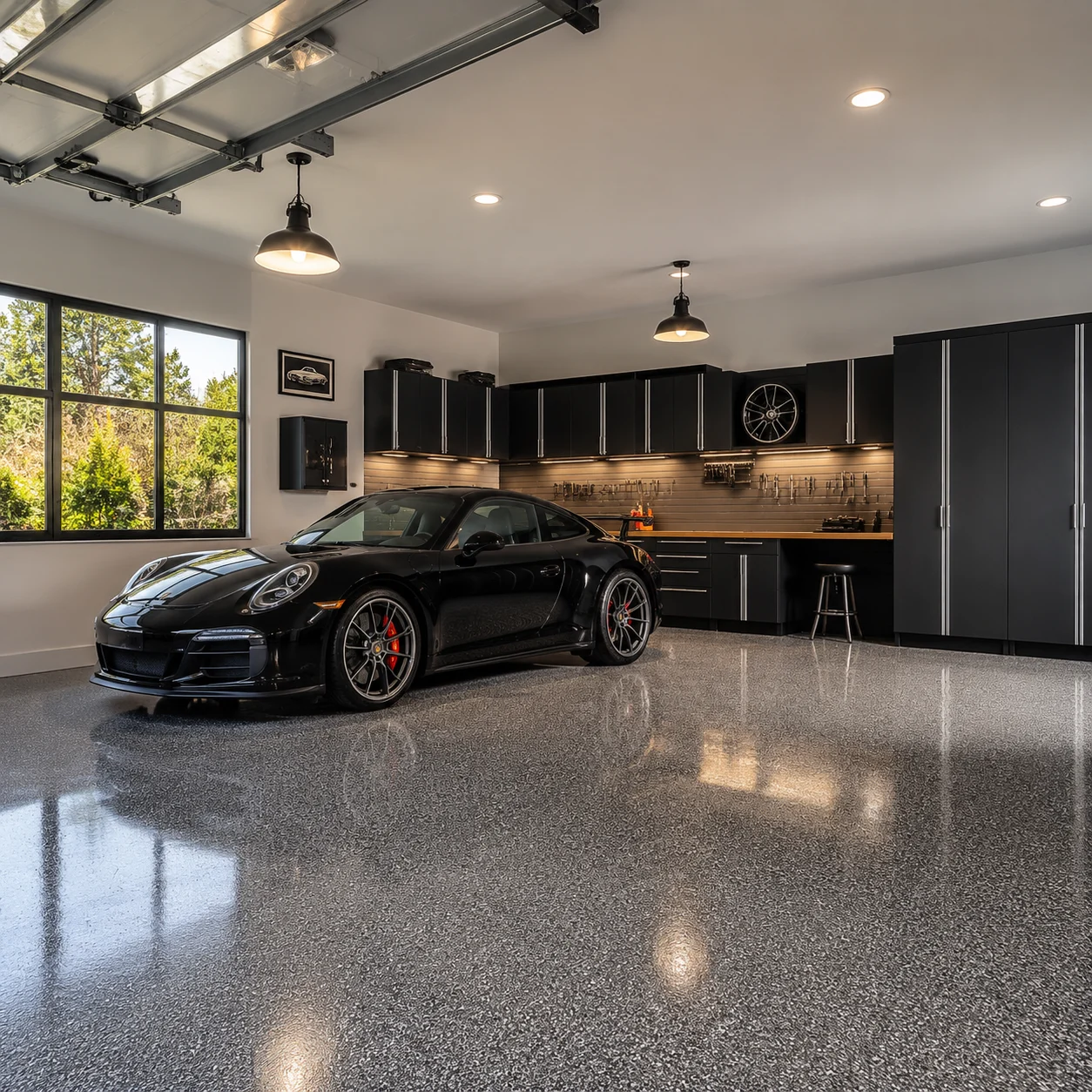 Car enthusiast admiring a custom garage with epoxy floor and cabinetry