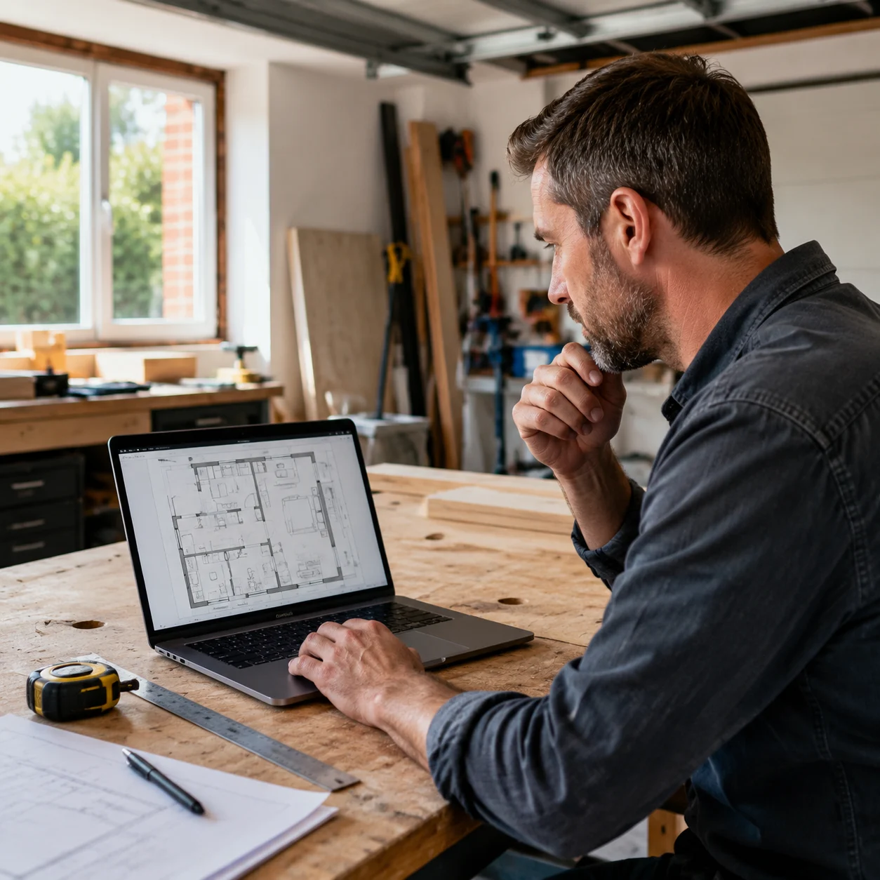 Renovator reviewing a garage conversion floor plan on a laptop