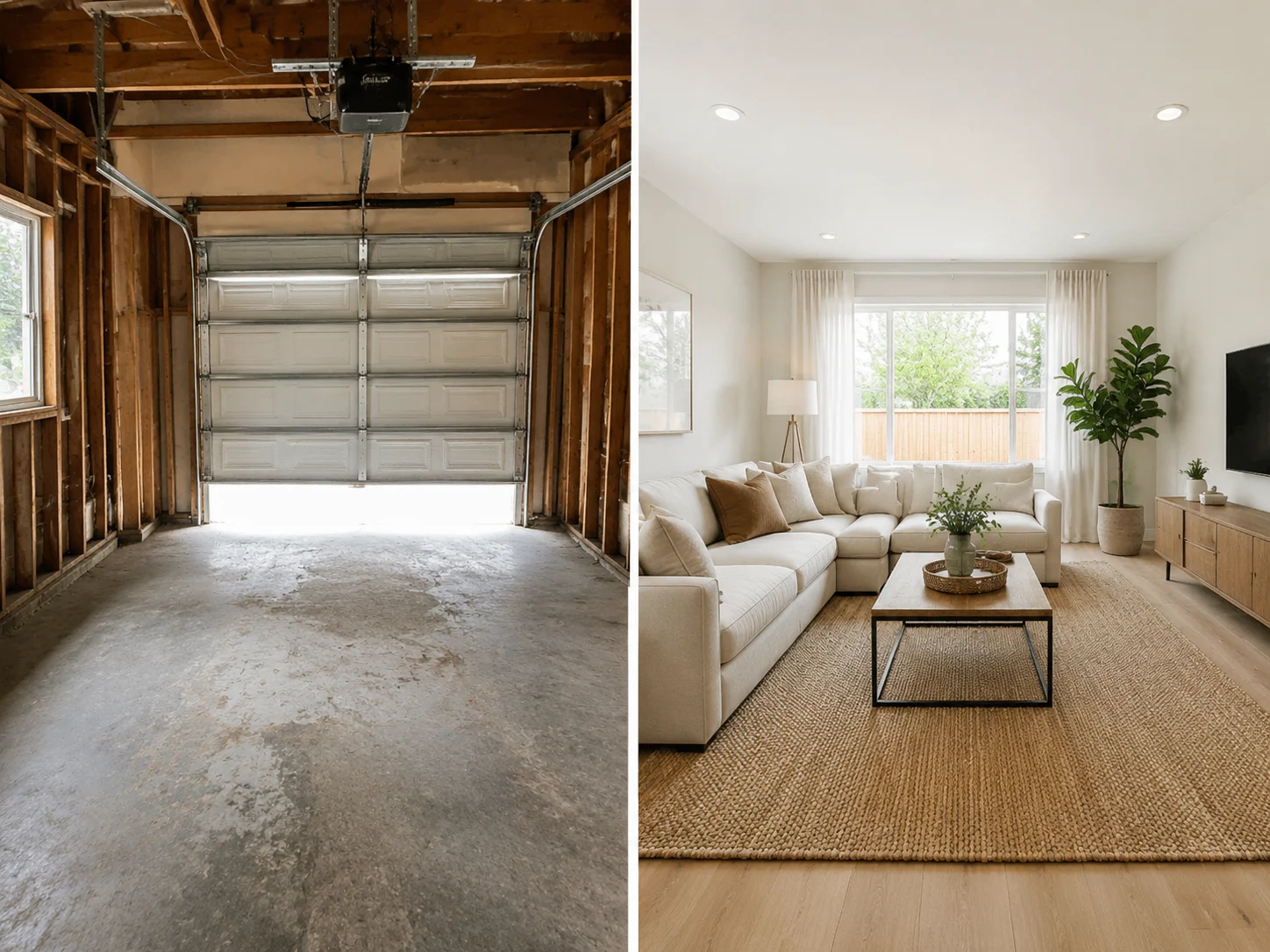 Before and after of a garage conversion into a finished living room