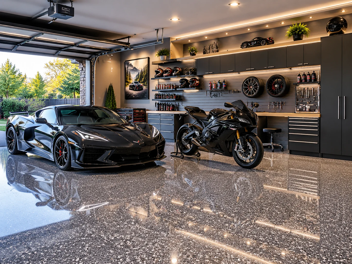 Custom garage with epoxy floor, slatwall, and branded cabinetry