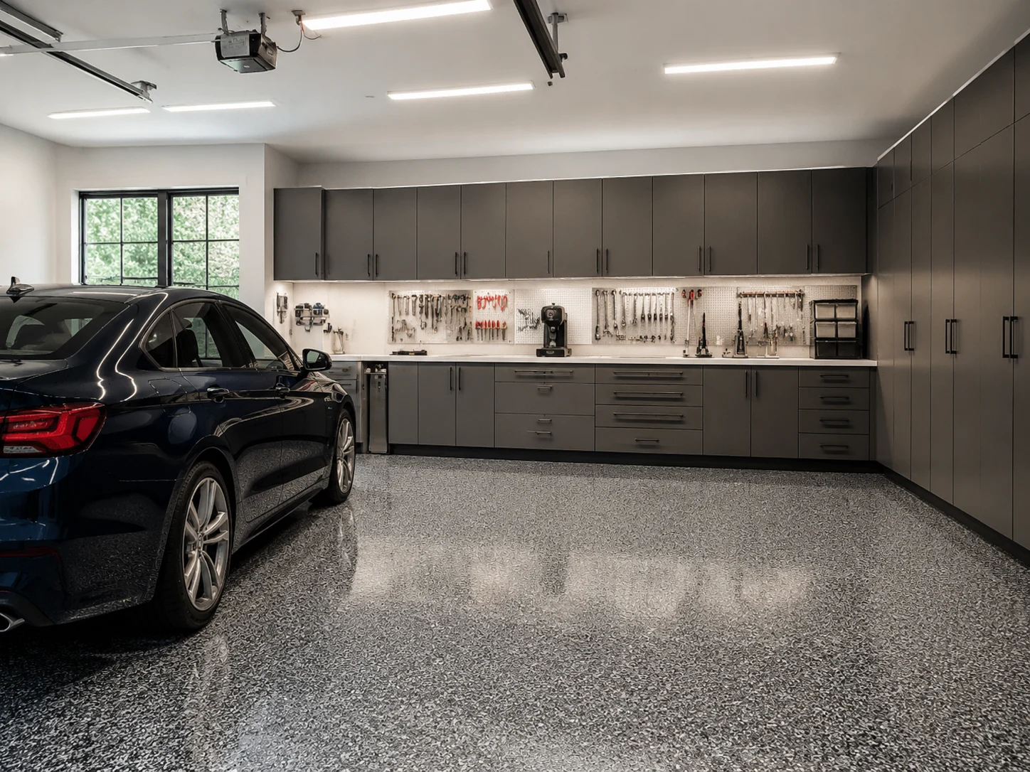 Custom garage design with epoxy floor, wall cabinetry, pegboard, and workbench