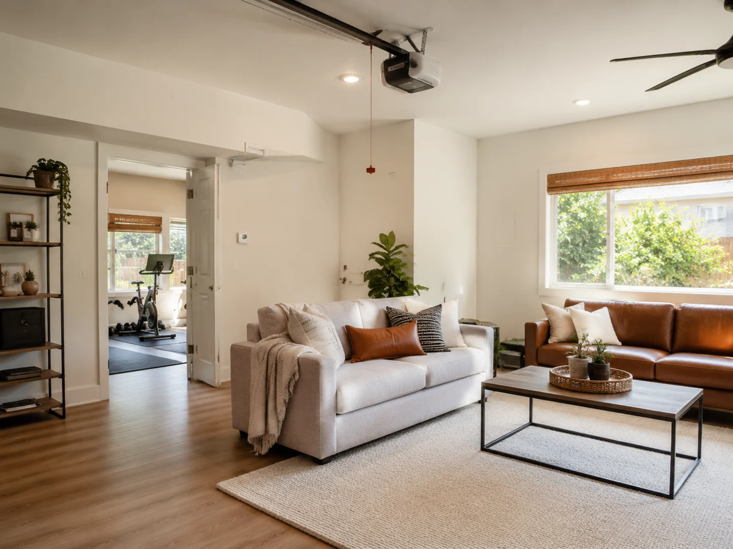 Garage conversion into a finished living room with insulated walls and a window