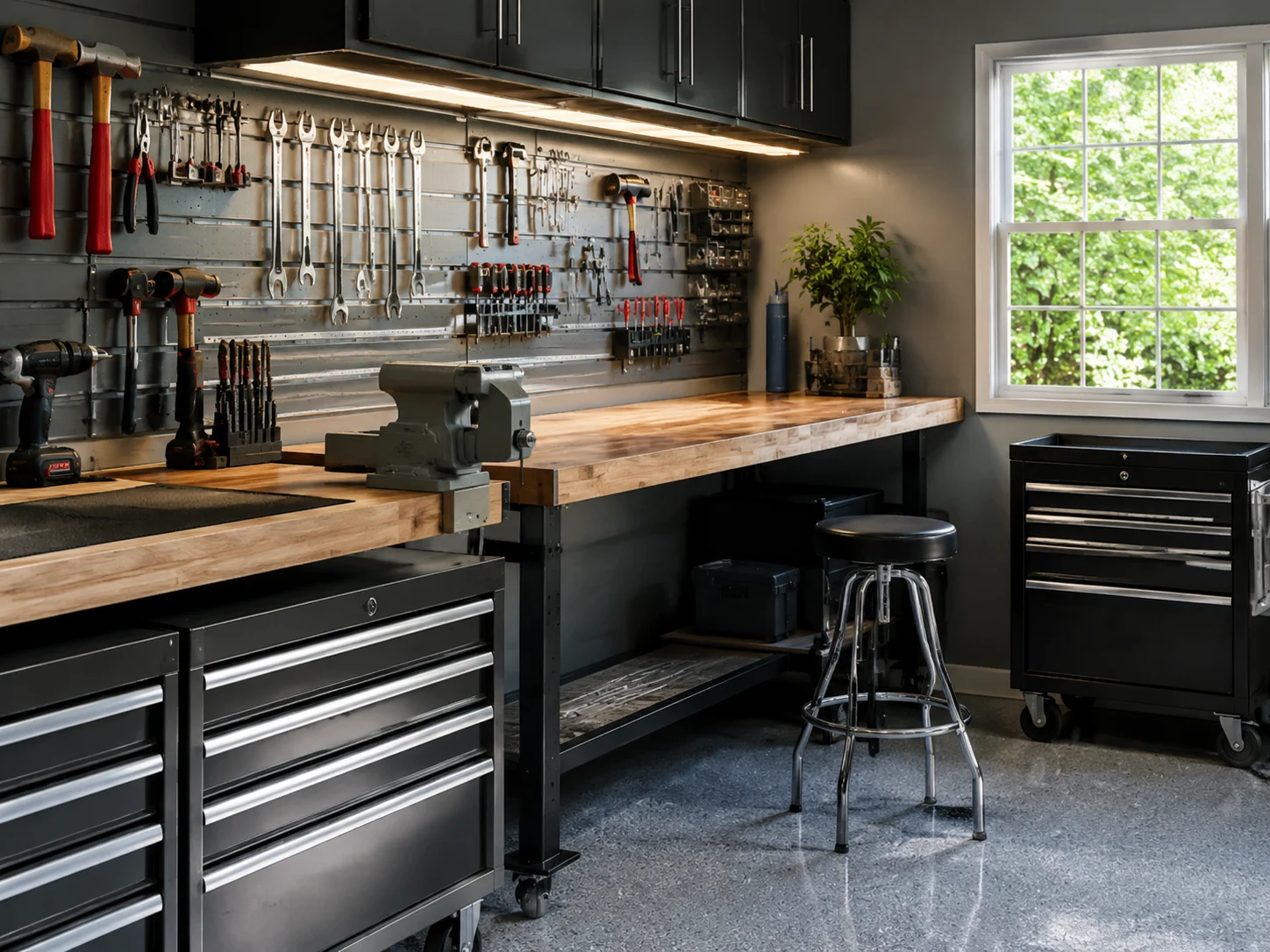 Garage workshop with organized tool wall, workbench, and task lighting
