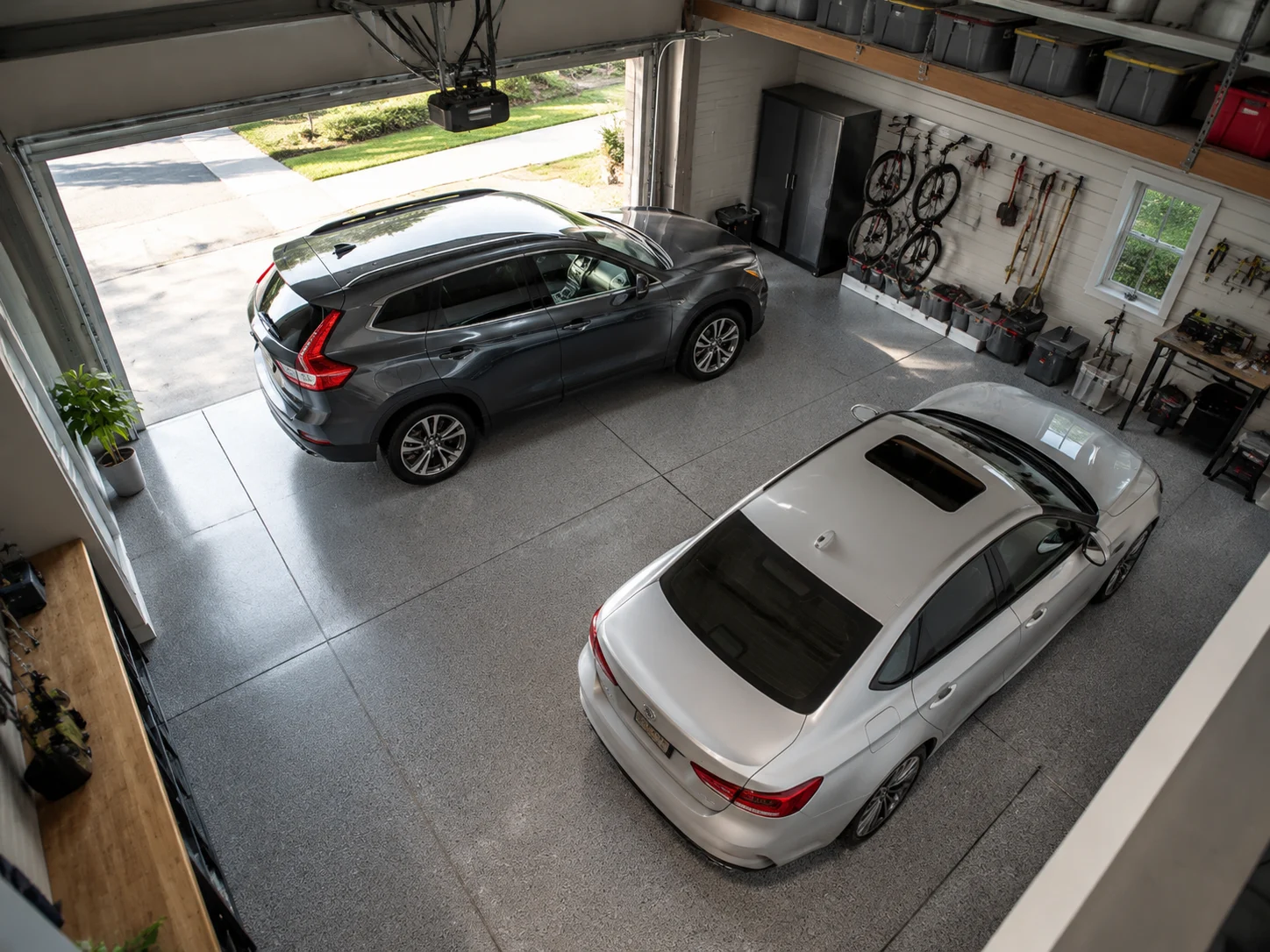 High-angle two-car garage layout with parking bays, storage, and walkway