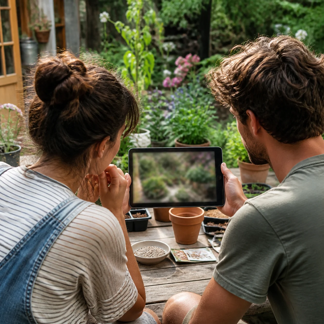 Gardening hobbyist reviewing a generated garden concept on a phone