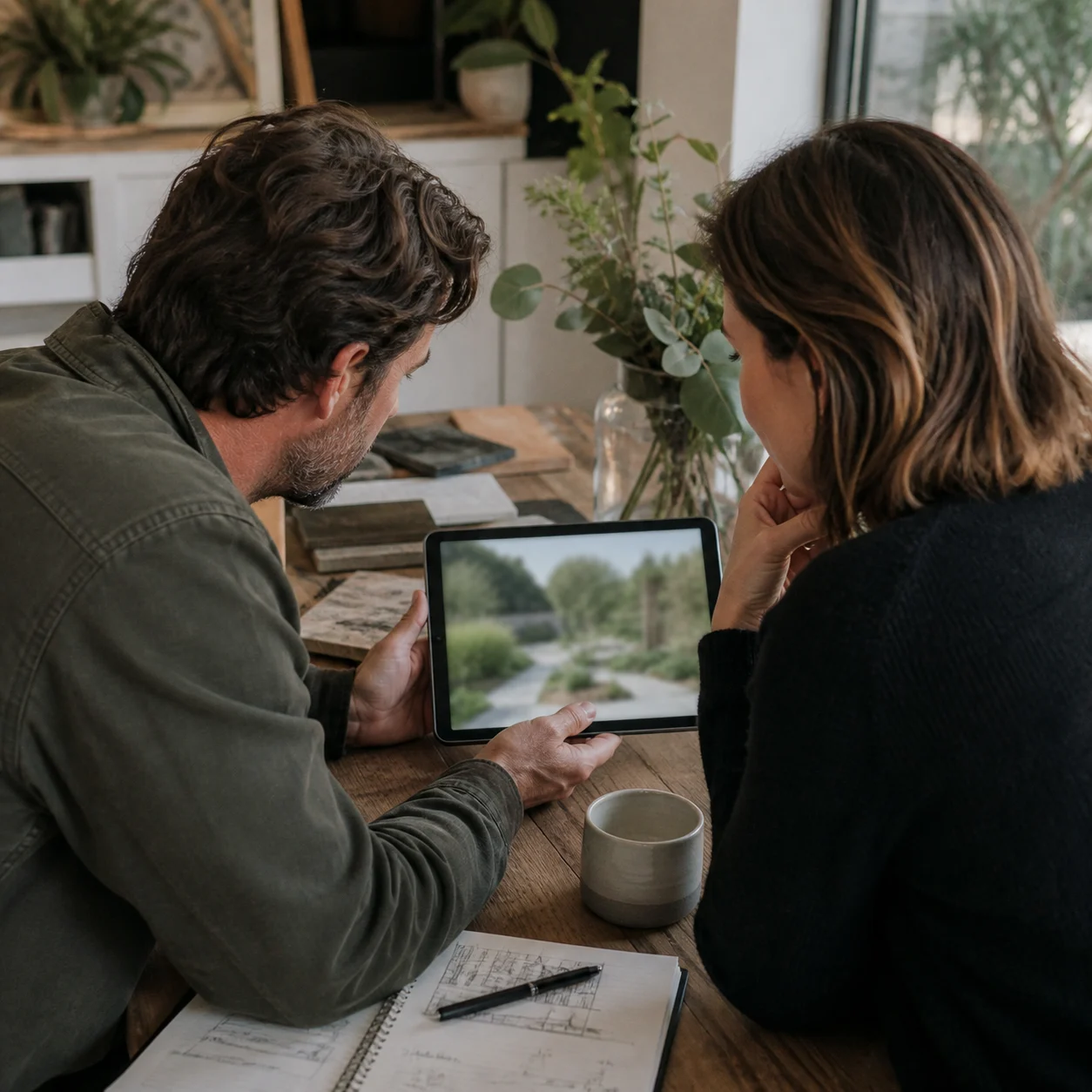 Landscape designer showing generated garden concepts to a client