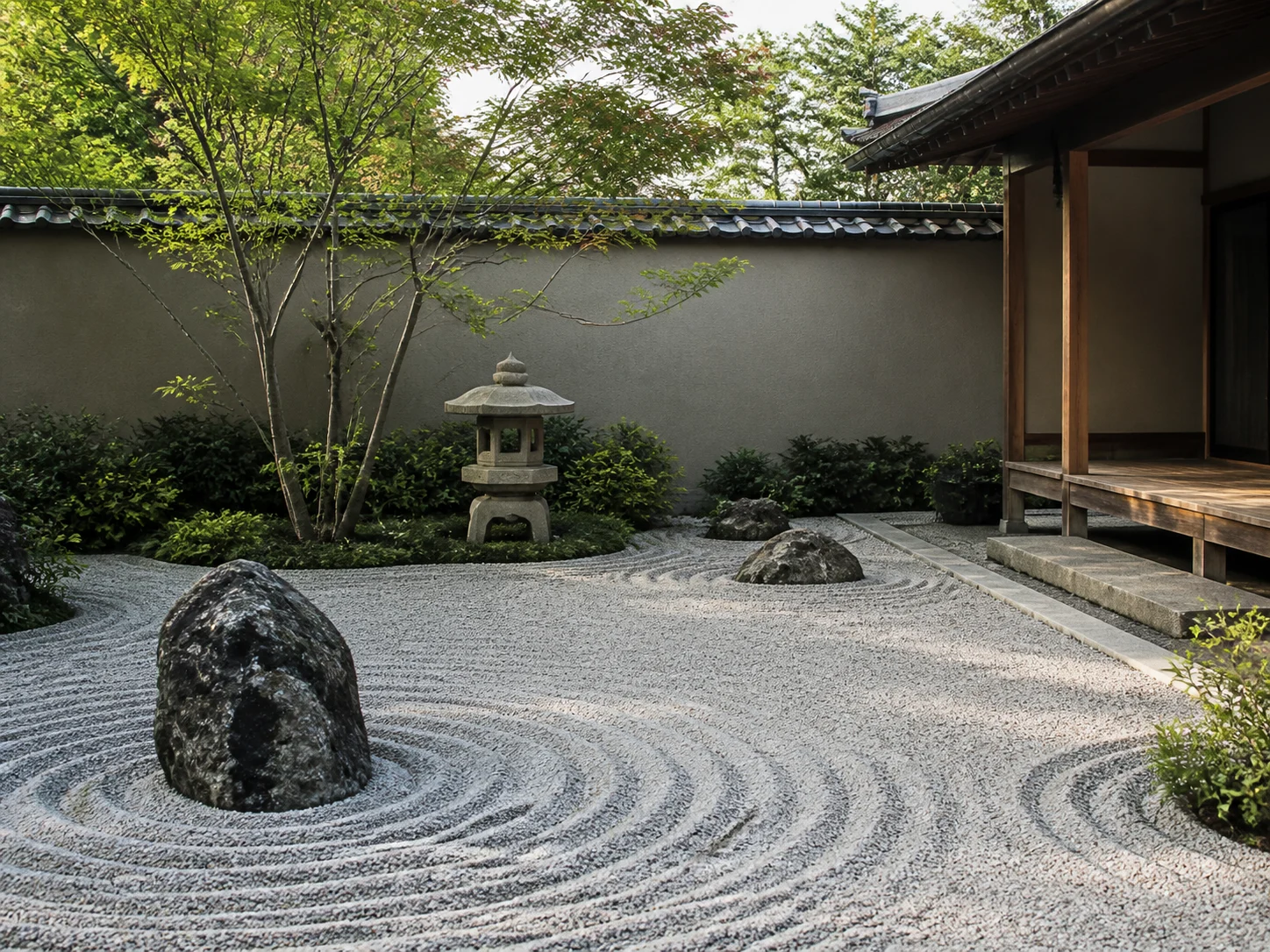 Japanese zen garden with raked gravel and stone lantern